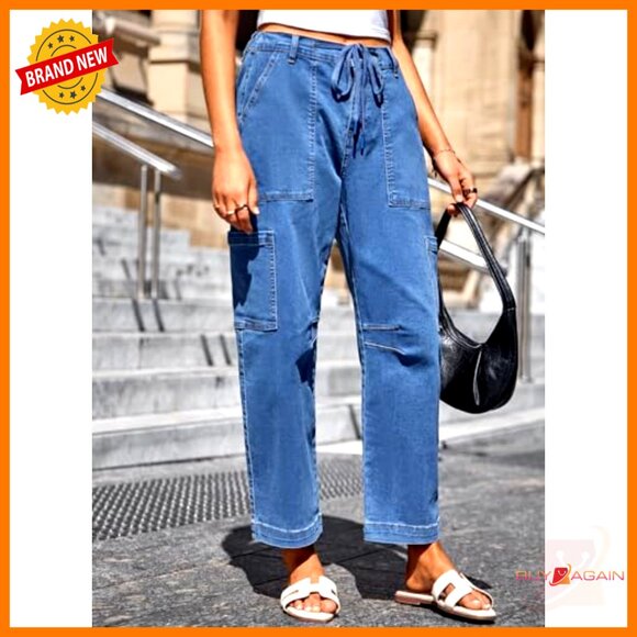 High Waisted Straight Wide Leg Cargo Denim Pants Loose Fit with Pockets - Picture 4 of 7